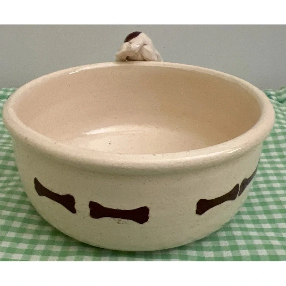 Sm Dog‎ Food Water Bowl White Dog Brown Spots Glazed Studio Pottery Signed 5